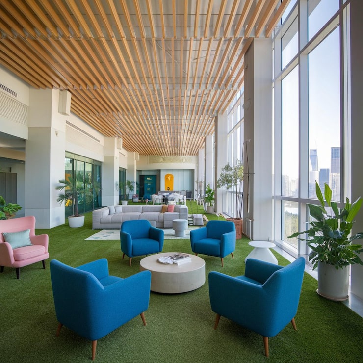 lobby-with-green-carpet-chairs-large-window-with-sign-that-says-welcome-city_981168-7111